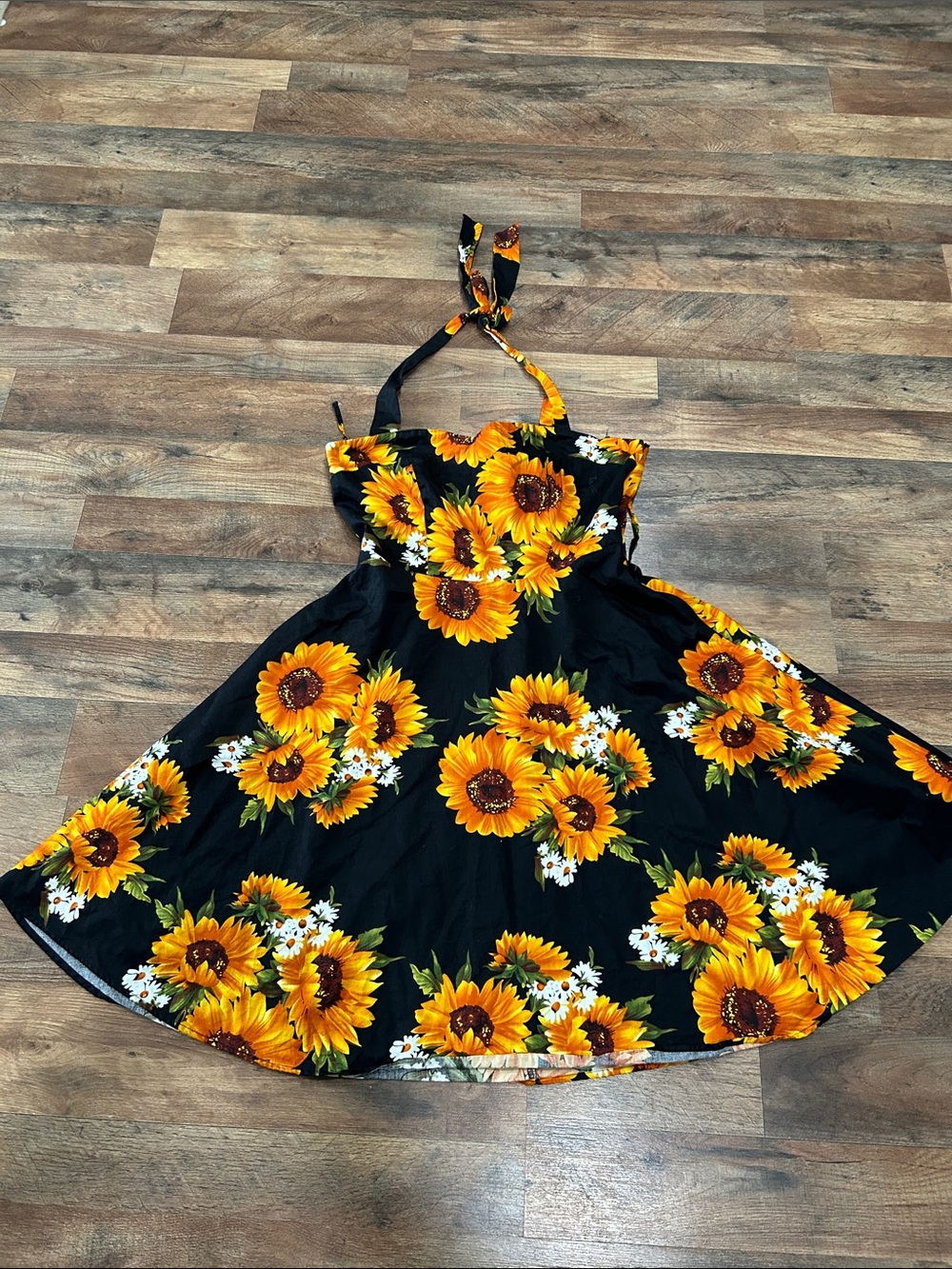 Sunflower Print Halter Dress - Black & Yellow Floral
